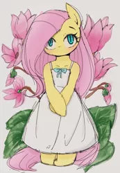 Size: 708x1024 | Tagged: artist:manachaaaaaaaa, blushing, clothes, cute, derpibooru import, dress, female, flower, fluttershy, head tilt, looking at you, mare, partial background, pegasus, safe, semi-anthro, shyabetes, smiling, solo, white dress