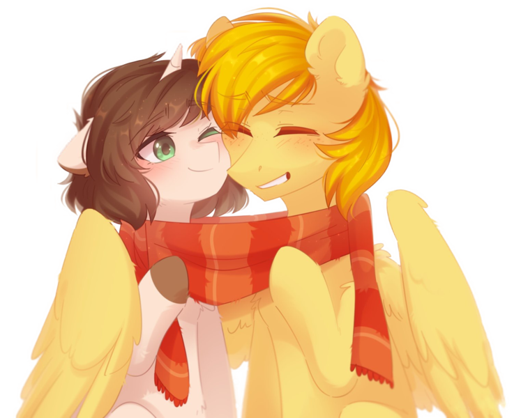 Size: 1523x1223 | Tagged: safe, artist:solnuh, derpibooru import, oc, pegasus, pony, unicorn, clothes, colored hooves, eyes closed, grin, scarf, shared clothing, shared scarf, simple background, smiling, transparent background