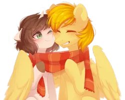 Size: 1523x1223 | Tagged: safe, artist:solnuh, derpibooru import, oc, pegasus, pony, unicorn, clothes, colored hooves, eyes closed, grin, scarf, shared clothing, shared scarf, simple background, smiling, transparent background