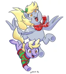 Size: 2276x2550 | Tagged: safe, artist:gintoki23, derpibooru import, derpy hooves, dinky hooves, pegasus, pony, unicorn, christmas, christmas sweater, clothes, colored pupils, cute, derpabetes, dinkabetes, duo, equestria's best daughter, equestria's best mother, female, filly, hair accessory, headcanon, high res, holiday, holly, mare, open mouth, scarf, simple background, sweater, white background