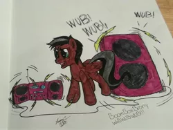 Size: 3264x2448 | Tagged: safe, artist:lucas_gaxiola, derpibooru import, oc, oc:boombox, unofficial characters only, pegasus, pony, irl, loudspeaker, male, open mouth, pegasus oc, photo, radio, solo, stallion, traditional art, wings, wub