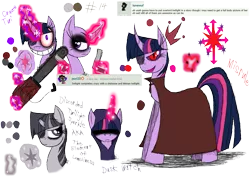 Size: 1385x985 | Tagged: safe, artist:didun850, derpibooru import, king sombra, twilight sparkle, pony, unicorn, assassin, bald, bust, chainsaw, cloak, clothes, corrupted twilight sparkle, crown, discorded, eyeliner, eyepatch, female, glowing horn, gun, hood, horn, jewelry, magic, makeup, male, mare, red eyes, regalia, simple background, slit eyes, sombra eyes, stallion, telekinesis, transparent background, unicorn twilight, weapon