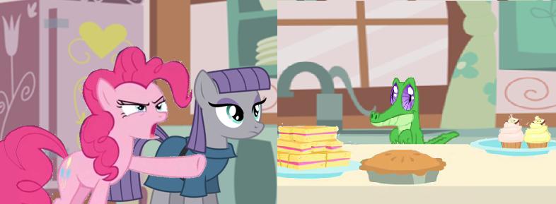 Size: 786x289 | Tagged: artist needed, safe, derpibooru import, gummy, maud pie, pinkie pie, alligator, earth pony, pony, cupcake, food, meme, pie, ponified animal photo, ponified meme, woman yelling at a cat