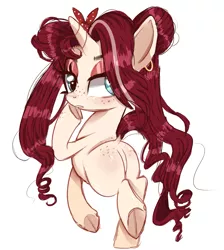 Size: 1341x1496 | Tagged: safe, artist:peachesandcreamated, derpibooru import, oc, oc:passion fruit, unofficial characters only, pony, unicorn, butt, deviantart watermark, ear piercing, earring, female, frog (hoof), horn, jewelry, looking back, mare, obtrusive watermark, piercing, plot, simple background, solo, underhoof, unicorn oc, watermark, white background