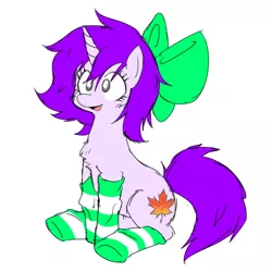 Size: 4000x4000 | Tagged: safe, artist:doodlegamertj, derpibooru import, oc, oc:mable syrup, unofficial characters only, pony, unicorn, blind, bow, clothes, cutie mark, female, fluffy, happy, leaf, purple hair, simple background, socks, solo, striped socks, white background