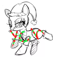 Size: 622x613 | Tagged: safe, artist:peachesandcreamated, derpibooru import, oc, unofficial characters only, earth pony, pony, candy, candy cane, christmas, clothes, commission, earth pony oc, eyelashes, food, hat, holiday, lineart, mouth hold, santa hat, socks, solo, your character here