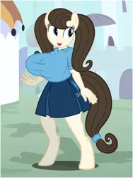 Size: 600x800 | Tagged: suggestive, artist:flash equestria photography, derpibooru import, oc, oc:dizzy strings, unofficial characters only, anthro, earth pony, unguligrade anthro, anthro oc, big breasts, blue eyes, breasts, brown mane, canterlot, clothes, cute, cutie mark, cutie mark on clothes, huge breasts, open mouth, pigtails, pleated skirt, polo shirt, shortstack, skirt, solo, twintails