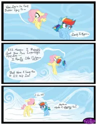 Size: 3500x4500 | Tagged: safe, artist:becauseimpink, derpibooru import, fluttershy, rainbow dash, pegasus, pony, comic:transition, cloud, colt, comic, dialogue, female, filly, filly fluttershy, filly rainbow dash, flying, male, on a cloud, transgender, younger