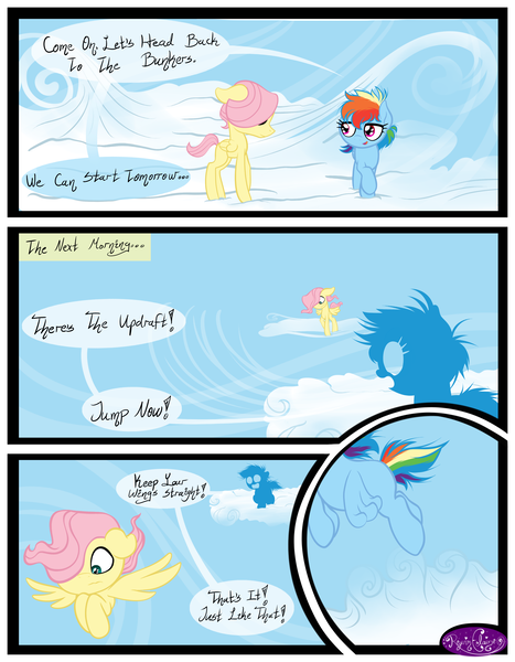 Size: 3500x4500 | Tagged: safe, artist:becauseimpink, derpibooru import, fluttershy, rainbow dash, pegasus, pony, comic:transition, cloud, colt, comic, dialogue, female, filly, filly fluttershy, filly rainbow dash, flying, male, on a cloud, transgender, younger