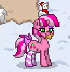 Size: 258x267 | Tagged: safe, derpibooru import, gingerbread, oc, oc:cherry days, unofficial characters only, pony, unicorn, pony town, bow, christmas, clothes, eyeshadow, female, hat, holiday, horn, makeup, mare, mouth hold, pixel art, plushie, santa hat, smiling, snow, socks, solo, striped socks, tail bow, unicorn oc
