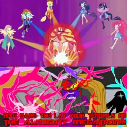 Size: 2560x2560 | Tagged: safe, artist:terry, derpibooru import, edit, edited screencap, screencap, applejack, fluttershy, pinkie pie, rainbow dash, rarity, sci-twi, sunset shimmer, twilight sparkle, comic:a hater's agenda, cheer you on, equestria girls, equestria girls series, spoiler:eqg series (season 2), beast megatron, beast wars, blank eyes, clash of hasbro's titans, crossover, decepticon, humane five, humane seven, humane six, megatron, ponied up, predacon, super ponied up, transformers, white eyes