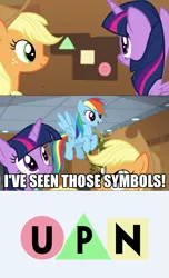 Size: 703x1155 | Tagged: safe, derpibooru import, edit, edited screencap, screencap, applejack, rainbow dash, twilight sparkle, twilight sparkle (alicorn), alicorn, pony, all bottled up, circle, impact font, square, symbols, triangle, upn