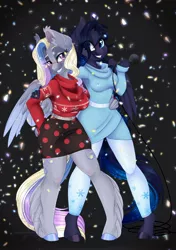 Size: 1920x2725 | Tagged: anthro, artist:silent-shadow-wolf, clothes, derpibooru import, dress, female, leggings, mare, microphone, miniskirt, oc, oc:astrid, oc:aurora, safe, skirt, sweater, unguligrade anthro, unofficial characters only