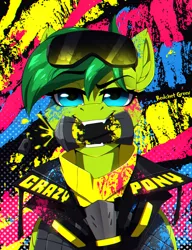 Size: 1200x1564 | Tagged: safe, artist:redchetgreen, derpibooru import, oc, oc:evergreen feathersong, unofficial characters only, pony, biting, blot, blue eyes, can, cyberpunk, mask, mouth hold, paint, solo, visor
