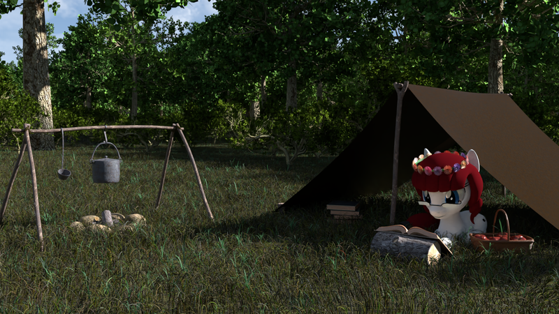 Size: 1536x864 | Tagged: safe, artist:dracagon, derpibooru import, oc, oc:seranae, unofficial characters only, pony, 3d, book, bucket, camping, female, floral head wreath, flower, forest, glasses, grass, mare, picnic blanket, prone, solo, tent, tree