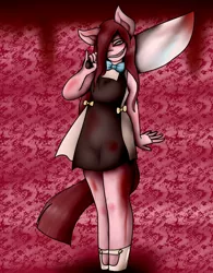 Size: 1280x1638 | Tagged: anthro, artist:dragons-doodles, artist:milkssecondfavoritecookie, blood, blood splatter, bow, clothes, creepy, creepy smile, derpibooru import, dress, female, knife, looking at you, pinkamena diane pie, pinkie pie, redraw, semi-grimdark, smiling, solo, unguligrade anthro