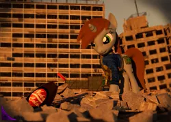 Size: 1007x720 | Tagged: safe, artist:kiodima, derpibooru import, oc, oc:littlepip, unofficial characters only, pony, unicorn, fallout equestria, fanfic, 3d, cinema 4d, clothes, fanfic art, female, hooves, horn, mare, nuka cola, pipbuck, ruins, solo, vault suit