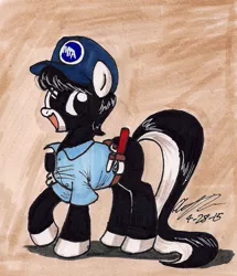 Size: 913x1060 | Tagged: safe, artist:newyorkx3, derpibooru import, oc, oc:tommy junior, unofficial characters only, earth pony, pony, cap, clothes, colt, hat, male, shirt, solo, toolbelt, tools, traditional art