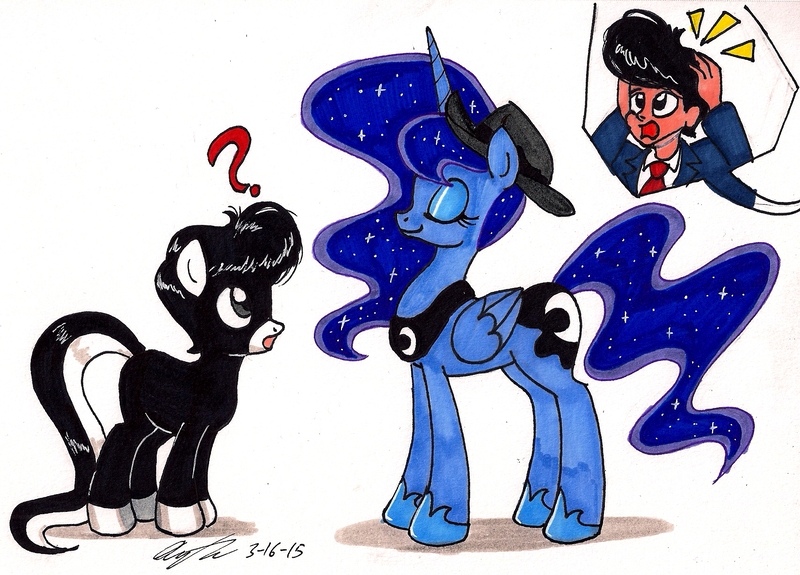 Size: 1710x1230 | Tagged: safe, artist:newyorkx3, derpibooru import, princess luna, oc, oc:tommy, oc:tommy junior, alicorn, earth pony, human, pony, accessory theft, clothes, colt, female, hat, male, prank, question mark, suit, traditional art