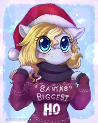 Size: 1336x1682 | Tagged: safe, artist:evomanaphy, derpibooru import, oc, oc:evo, unofficial characters only, anthro, earth pony, anime eyes, anthro oc, big breasts, blonde, blushing, breasts, chibi, christmas, christmas sweater, clothes, cute, eye clipping through hair, female, freckles, hat, holiday, mare, santa hat, scarf, solo, sweater, sweater puppies, wordplay