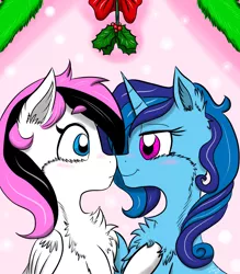 Size: 1750x2000 | Tagged: safe, artist:shinycyan, derpibooru import, oc, oc:sapphie, oc:zephy, unofficial characters only, pegasus, pony, unicorn, blushing, chest fluff, ear fluff, female, holly, holly mistaken for mistletoe, horn, lesbian, oc x oc, shipping, wings