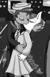 Size: 750x1150 | Tagged: safe, artist:jagga-chan, derpibooru import, ponified, anthro, pony, kissing, monochrome, times square, world war ii