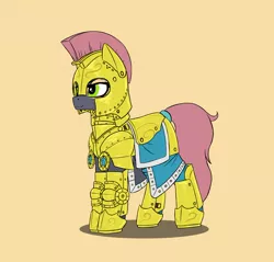Size: 1473x1411 | Tagged: safe, artist:dipfanken, derpibooru import, earth pony, pony, armor, female, freckles, helmet, mare, plate armor, platemail, simple background, solo, yellow background