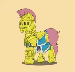 Size: 1473x1411 | Tagged: safe, alternate version, artist:dipfanken, derpibooru import, earth pony, pony, armor, female, helmet, mare, plate armor, platemail, simple background, solo, yellow background