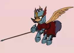 Size: 2000x1441 | Tagged: safe, artist:dipfanken, derpibooru import, pegasus, pony, ambiguous gender, armor, flying, helmet, platemail, simple background, solo, spear, weapon, wings