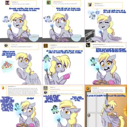 Size: 2254x2254 | Tagged: safe, artist:jitterbugjive, derpibooru import, derpy hooves, oc, oc:neosurgeon, pony, lovestruck derpy, batter, butter, chibi, doctor who, food, hologram, key, mittens, muffin, oven, sonic screwdriver