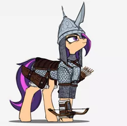 Size: 1169x1165 | Tagged: safe, artist:dipfanken, derpibooru import, oc, oc:amethyst arkin, unofficial characters only, earth pony, pony, armor, arrow, bow (weapon), chainmail, crossbow, female, gray background, helmet, mare, quiver, scale armor, simple background, solo