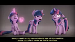 Size: 4096x2304 | Tagged: safe, artist:imafutureguitarhero, artist:tjpones, derpibooru import, twilight sparkle, twilight sparkle (alicorn), alicorn, pony, 3d, absurd resolution, adaptation, angry, bags under eyes, black bars, bloodshot eyes, coffee, colored eyebrows, colored eyelashes, cup, dialogue, drool, faic, female, film grain, floppy ears, glow, glowing horn, grumpy, grumpy twilight, hangover, horn, implied spike, levitation, magic, mare, mug, multicolored mane, multicolored tail, open mouth, raised hoof, recursive fanart, revamped ponies, self ponidox, signature, sitting, source filmmaker, subtitles, telekinesis, text, vulgar, wings