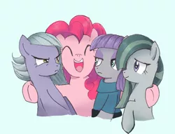Size: 1022x782 | Tagged: safe, artist:yuniuni11, derpibooru import, limestone pie, marble pie, maud pie, pinkie pie, earth pony, pony, annoyed, blue background, female, hug, lidded eyes, mare, open mouth, pie sisters, siblings, simple background, sisters, smiling