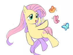 Size: 800x600 | Tagged: safe, artist:yuniuni11, derpibooru import, fluttershy, butterfly, pegasus, pony, female, flying, mare, simple background, solo, waving, white background