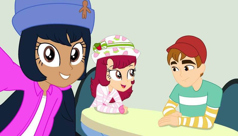 Size: 1184x675 | Tagged: safe, artist:yaya54320, artist:yaya54320bases, derpibooru import, equestria girls, barely eqg related, base used, clothes, crossover, equestria girls style, equestria girls-ified, ginger snap (strawberry shortcake), hanging out, hat, huckleberry pie, strawberry shortcake, strawberry shortcake (character)