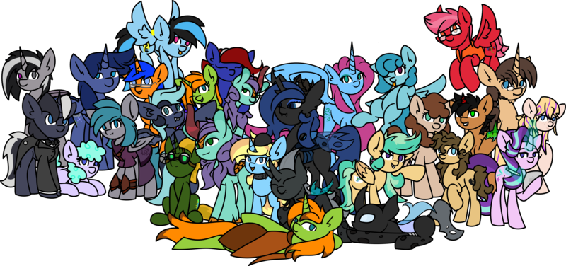 Size: 4869x2286 | Tagged: safe, artist:ren, derpibooru import, starlight glimmer, changeling queen oc, oc, oc:anima, oc:arc pyre, oc:blazing frost, oc:dravakiirm, oc:heartbreak, oc:helium star, oc:icylightning, oc:midnight dagger, oc:queen lahmia, oc:ryonez coruscare, oc:searing cold, oc:skittlebug, oc:skydreams, oc:stormy skies, oc:summer ray, oc:tectus ignis, changeling, changeling queen, earth pony, kirin, pegasus, pony, unicorn, blue changeling, changeling oc, clothes, discord server, female, group, group photo, hug, kirin oc, levitation, magic, male, mare, skytus, stallion, telekinesis