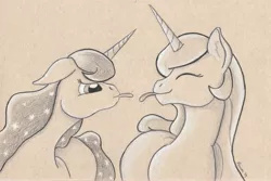 Size: 5077x3398 | Tagged: safe, artist:peruserofpieces, derpibooru import, princess celestia, princess luna, alicorn, pony, female, floppy ears, pencil drawing, playful, raspberry, siblings, sisters, smiling, toned paper, tongue out, traditional art