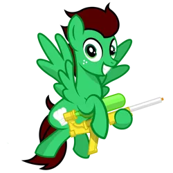 Size: 2500x2500 | Tagged: safe, artist:pizzamovies, derpibooru import, oc, oc:northern haste, unofficial characters only, pegasus, pony, 2020 community collab, derpibooru community collaboration, flying, male, show accurate, simple background, solo, super soaker, super soaker 50, transparent background, watergun