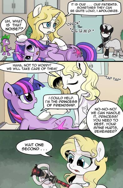 Size: 724x1103 | Tagged: alicorn, artist:candyclumsy, comic:curse and madness, derpibooru import, mlpcam, nurse, oc, oc:everchanging, oc:fallenlight, safe, spike, twilight sparkle, twilight sparkle (alicorn)