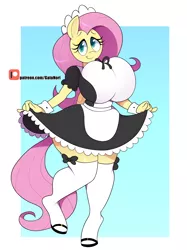 Size: 2048x2732 | Tagged: suggestive, artist:norithecat, derpibooru import, fluttershy, anthro, bat pony, pegasus, unguligrade anthro, big breasts, breasts, busty fluttershy, clothes, commission, cuffs (clothes), cute, digital, dress, female, flutterbat, fluttermaid, holding skirt, huge breasts, impossibly large breasts, maid, maid headdress, mary janes, pink hair, race swap, shoes, shyabetes, smiling, socks, solo, solo female, thigh highs
