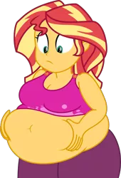 Size: 2000x2938 | Tagged: safe, artist:steampunk-brony, derpibooru import, sunset shimmer, human, equestria girls, adorafatty, bbw, belly, belly button, belly grab, big belly, big breasts, breasts, busty sunset shimmer, clothes, cute, fat, high res, implied weight gain, need to go on a diet, need to lose weight, obese, shimmerbetes, show accurate, slobset shimmer, solo, squishy, squishy belly, vector, wake up!: rainbow dash, weight gain