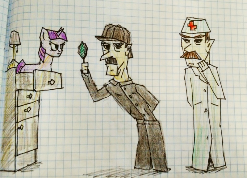 Size: 3236x2340 | Tagged: safe, artist:maksymvaulin, derpibooru import, twilight sparkle, human, pony, unicorn, graph paper, john watson, magnifying glass, sherlock holmes, traditional art, unicorn twilight