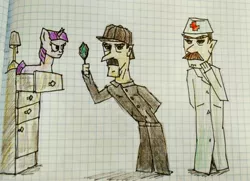 Size: 3236x2340 | Tagged: safe, artist:maksymvaulin, derpibooru import, twilight sparkle, human, pony, unicorn, graph paper, john watson, magnifying glass, sherlock holmes, traditional art, unicorn twilight