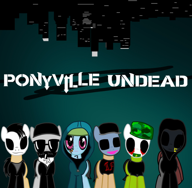 Size: 950x930 | Tagged: safe, artist:koscielny, derpibooru import, oc, ponified, unofficial characters only, pony, album, album cover, aron erlichman, bandana, cap, charlie scene, city, clothes, da kurlzz, deuce, dollar, fake blood, funny man, hat, hollywood undead, hoodie, j-dog, johnny 3 tears, looking at you, mask, parody, ponified album cover, rapper, sunglasses, swan songs, tanktop