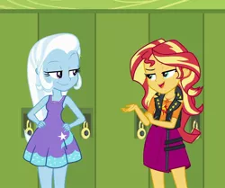 Size: 1192x997 | Tagged: safe, derpibooru import, edit, edited screencap, editor:thomasfan45, screencap, sunset shimmer, trixie, human, equestria girls, equestria girls series, forgotten friendship, canterlot high, clothes, cropped, cute, diatrixes, dress, duo, female, geode of empathy, hallway, hands on hip, lidded eyes, lockers, magical geodes, raised eyebrow