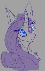 Size: 769x1200 | Tagged: safe, artist:foldeath, derpibooru import, rarity, pony, unicorn, bust, curved horn, horn, monochrome, partial color, portrait, simple background, sketch, smiling, solo, starry eyes, stray strand, three quarter view, wingding eyes