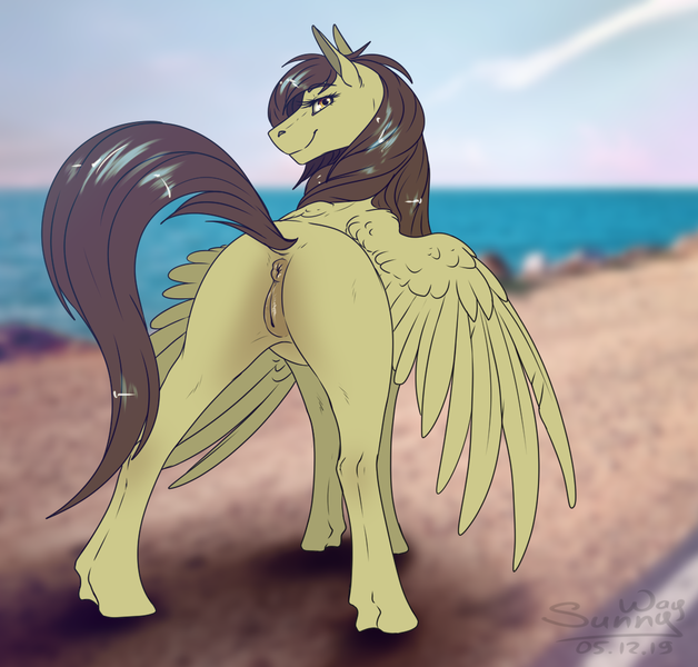 Size: 1046x1000 | Tagged: explicit, artist:sunny way, derpibooru import, oc, oc:static spark, unofficial characters only, pegasus, pony, anatomically correct, anus, beach, butt, dock, feather, female, looking at you, looking back, looking back at you, mare, nudity, ocean, plot, ponut, presenting, raised tail, smiley face, smiling, solo, solo female, spread wings, tail, vulva, wings