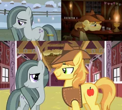 Size: 2064x1868 | Tagged: safe, artist:icaron, derpibooru import, edit, braeburn, marble pie, pony, barn, braeble, brokeback mountain, dancing, female, heartbreak, hope, indoors, introduction, lonely, looking at each other, lyrics in the description, male, mary mcbride, meeting, movie reference, no one's gonna love you like me, outdoors, romance, sad, shipping, show accurate, smiling, song reference, straight, this will end in love, together, youtube link