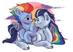 Size: 1400x1000 | Tagged: source needed, safe, artist:midnight_bats, derpibooru import, rainbow dash, soarin', pony, the last problem, cloud, female, looking at each other, male, older, older rainbow dash, older soarin', shipping, soarindash, straight, sunset