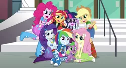 Size: 2978x1622 | Tagged: safe, derpibooru import, screencap, applejack, fluttershy, pinkie pie, rainbow dash, rarity, sci-twi, spike, spike the regular dog, sunset shimmer, twilight sparkle, dog, equestria girls, friendship games, canterlot high, clothes, crystal prep academy uniform, group photo, humane five, humane seven, humane six, logo, open mouth, photo, right there in front of me, school uniform, smiling